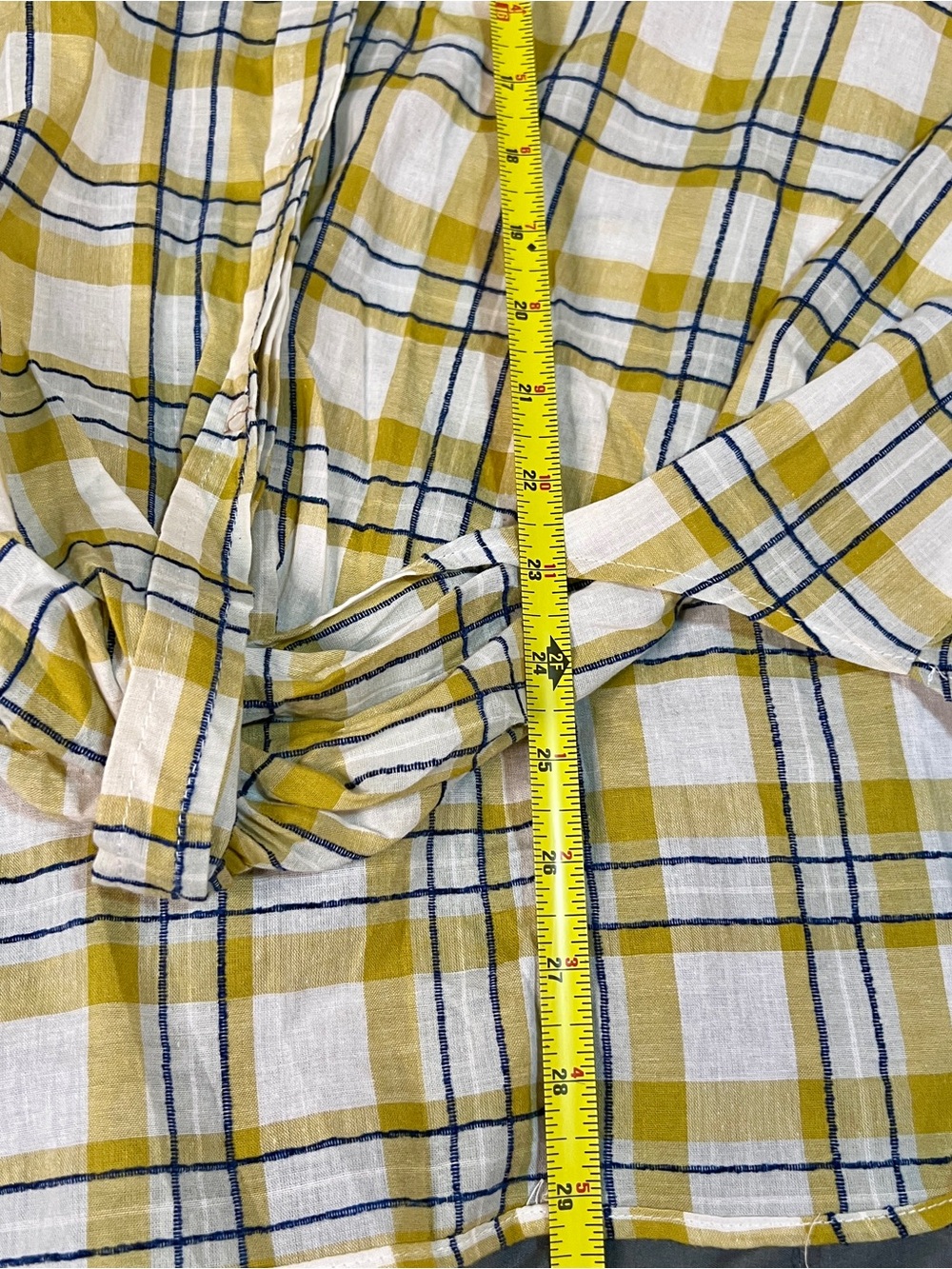 New Easel Wms Yellow Navy Stitched Knit Cotton Textured Twist Hem Plaid Shirt S - Picture 8 of 10
